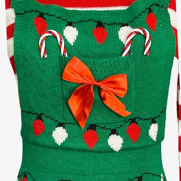 Born Famous Christmas Sweater Dress Green Red Striped Candy Cane Bow Size M - Picture 2 of 8